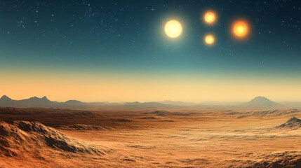 Alien Desert Landscape with Multiple Suns - Extraterrestrial Planetary Surface
