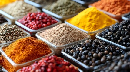 Fototapeta premium Vibrant array of colorful ground spices and peppercorns in square bowls including turmeric, paprika, black pepper, pink peppercorns and aromatic seasonings for cooking.