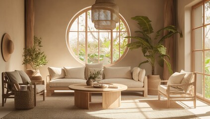Fototapeta premium Sunlit living room, round window, plants, zen design, interior design, home decor, tranquil, relaxation