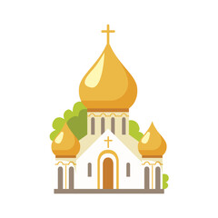 Orthodox church building with gold onion domes, crosses, greenery and Stone Details