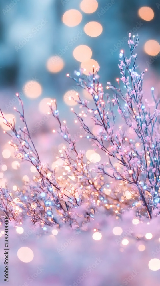 Poster christmas lights creating a magical bokeh effect on snowy winter branches, perfect for winter holida