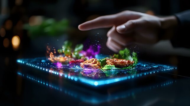 Magical culinary presentation with vibrant colorful light effects floating above modern digital tablet, innovative gastronomy concept showing hand gesture interaction.