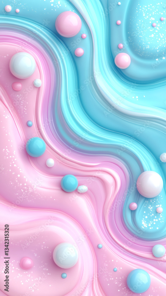 Poster Pink and blue liquid flows dynamically, spherical droplets suspended, generating ethereal abstract patterns with fluid motion