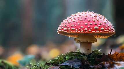 A close-up photograph of a single red muscimol mushroom with droplets of water on its cap against a blurred forest background. Spore Forest. Illustration