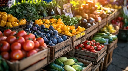 Vibrant farmer's market with a variety of fresh fruits and vegetables on display in wooden crates under warm sunlight.