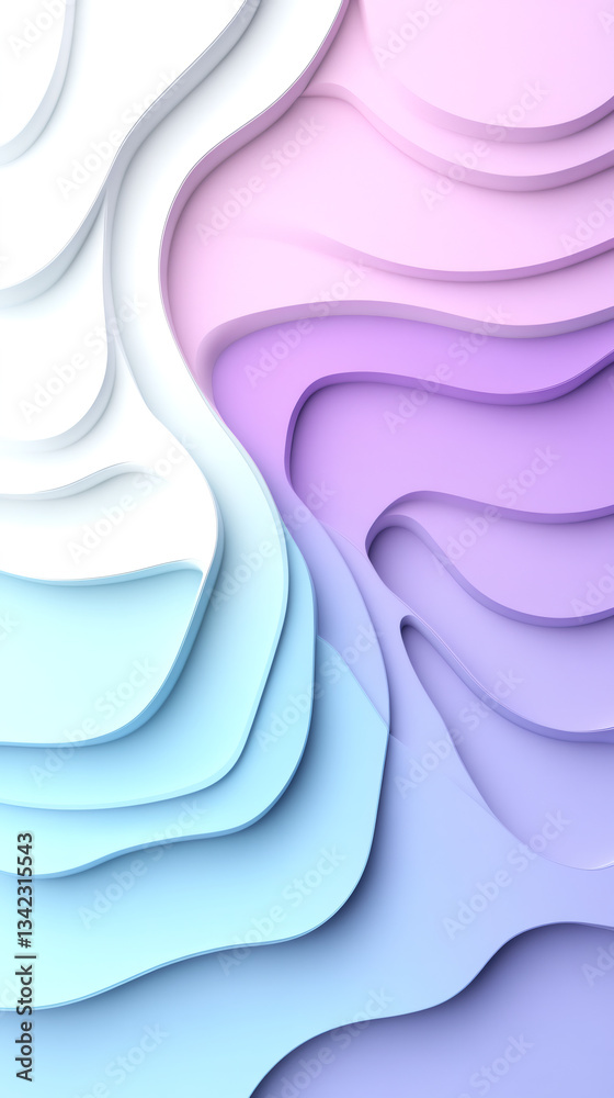 Poster Pastel colored paper cut background forming smooth wavy shapes creating a trendy design with flowing lines and curves