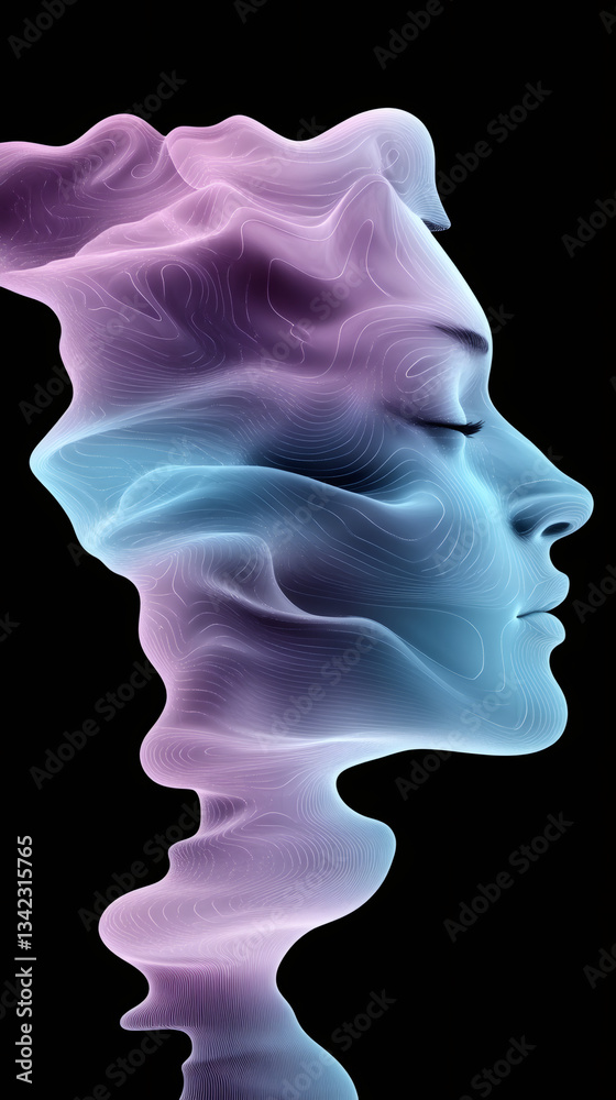 Poster topographic contours spiraling, revealing feminine profile symbolizing ai, data visualization, algor