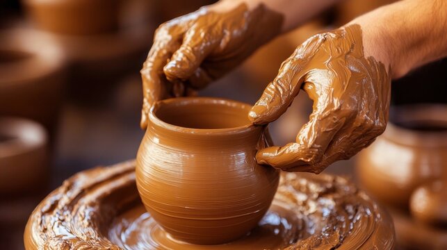 Hands of an artisan shaping clay pottery on a spinning wheel, showcasing traditional craftsmanship and creativity in ceramic art and design