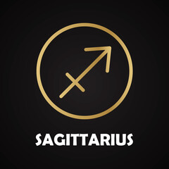 Golden linear zodiac sign Sagittarius in golden circled frame with white lettring isolated on dark background.	
