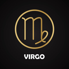 Golden linear zodiac sign Virgo in golden circled frame with white lettring isolated on dark background.	
