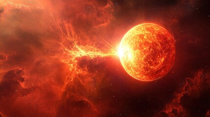 Obraz premium Fiery Star Erupts in a Vibrant Cosmic Scene Surrounded by Colorful Nebulae and Celestial Clouds of Gas and Dust