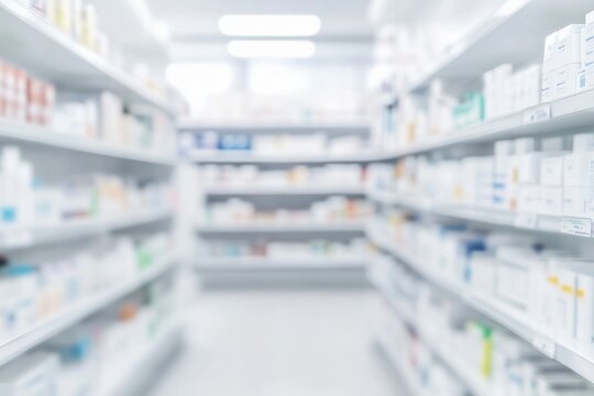 Blurred Modern pharmacy interior with bright lighting and clean shelves