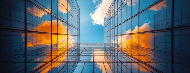 Reflective modern glass building facade, architectural perspective, geometric pattern of glass panels, vivid orange clouds reflected, blue sky, abstract city view, urban scene, low angle, geometric