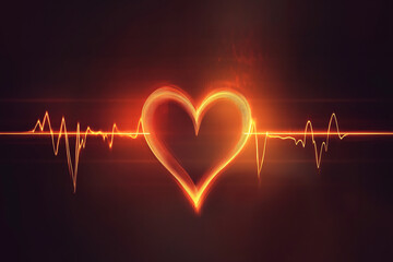 glowing orange heart with a heartbeat line in neon light style on a dark background symbolizing love passion and vitality
