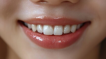 Naklejka premium Smiling Woman's Lips Close-up.