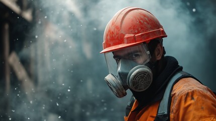 Obraz premium A worker in a red safety helmet and respirator mask stands amidst swirling dust, highlighting occupational safety and the risks of industrial air pollution.