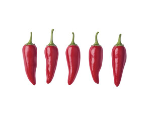 Five Fresh Red Chili Peppers with Green Stems on Transparent Background, PNG