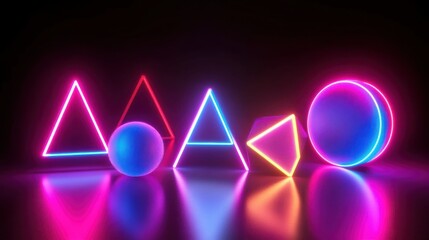 Naklejka premium Neon Geometric Shapes with Reflections in Dark Background