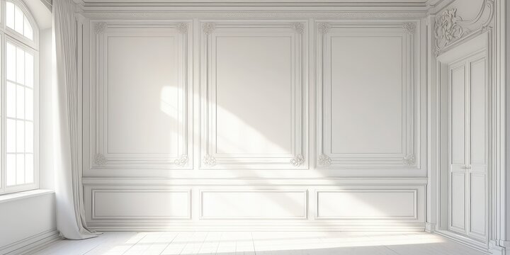 Fototapeta Sunlit White Room Interior, Elegant Walls, French Door