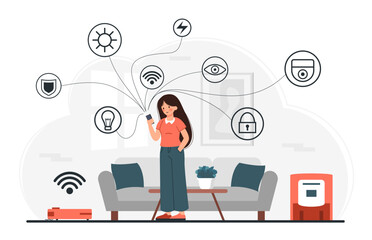 Girl Monitoring Smart Home from Mobile Phone App.