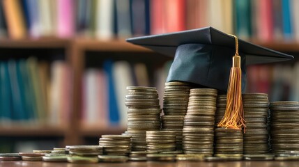 pile of coins and stack of books. education concept. Graduation hat