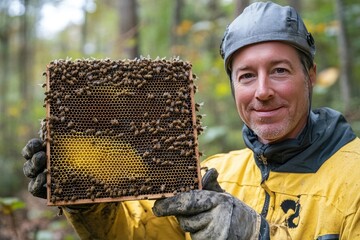 A smiling man in a yellow protective suit holds a honeycomb frame teeming with bees.  The setting appears to be a forest