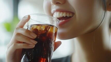 Refreshing Cola Moment: Close-Up of Smiling Woman Enjoying Cold Beverage