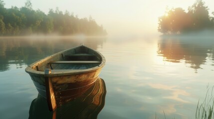 Wooden boat on a Misty Lake During a Serene Sunrise