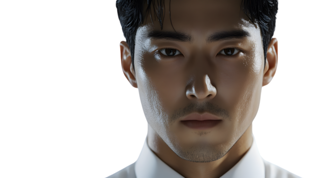 Closeup portrait of a man serious expression dark hair cleanshaven wearing a white shirt