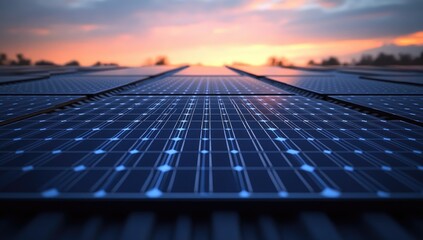 Close-up view of solar panels at sunset, showcasing the intricate details of the cells and the warm light reflecting on their surface