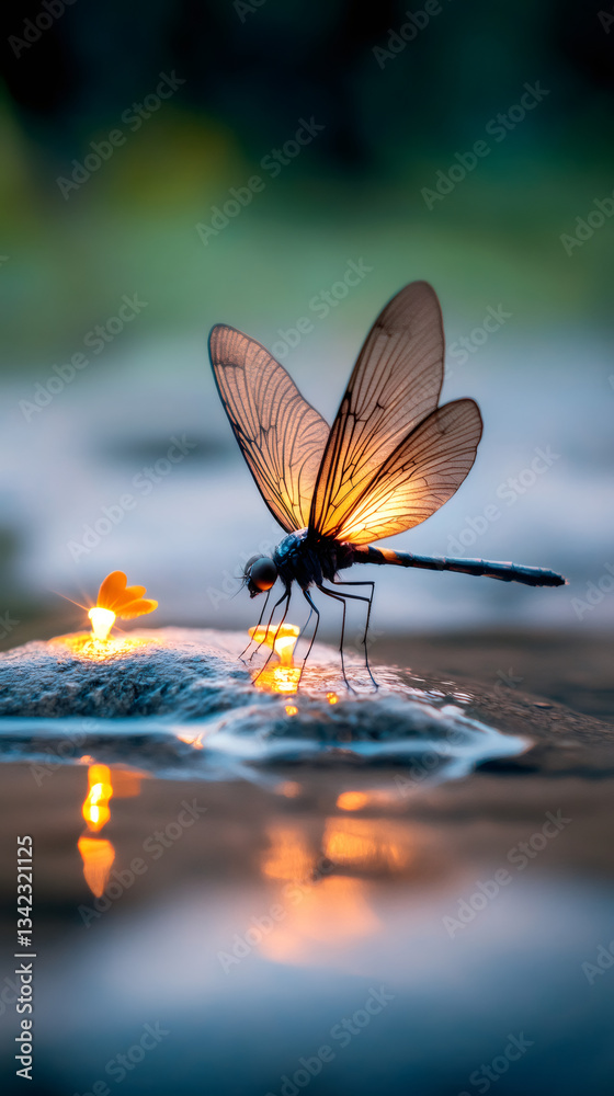 Poster Dragonfly with glowing wings resting on rock near water at sunset creating beautiful reflection
