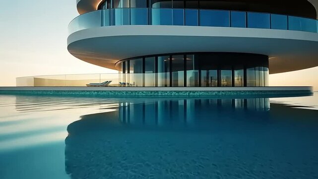 Modern architectural marvel featuring a sleek poolside view at sunset with tranquil waters