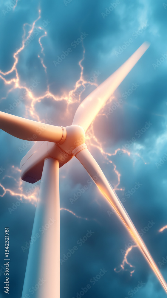 Poster wind turbine generating renewable energy during intense lightning storm, capturing raw power of natu