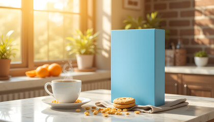 "Minimalist Breakfast Mockup with Blue Cereal Box and Hot Coffee"
