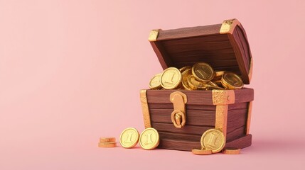 A wooden treasure chest overflowing with golden coins and wealth
