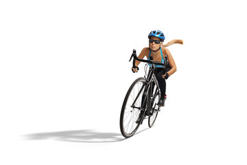 Female cyclist riding a bicycle fast