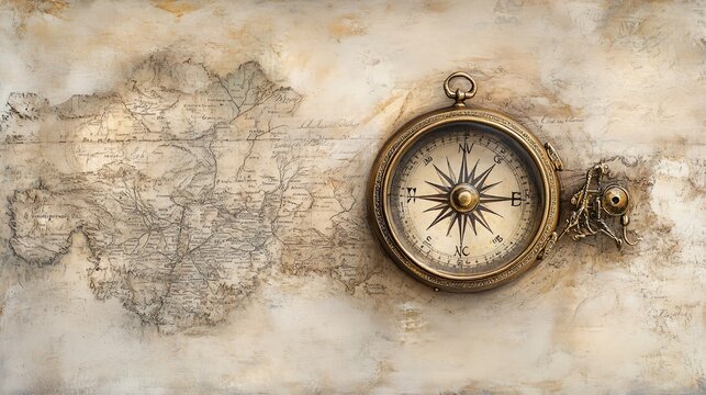 A vintage brass compass rests upon an antique map, creating a sense of exploration, history, and navigation. The image has a textured, aged feel.