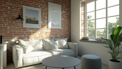 Fototapeta premium Sunny living room with brick wall and large window