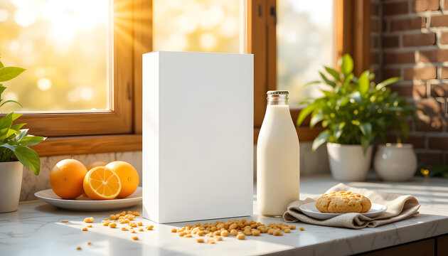 "Minimalist Breakfast Mockup with White Cereal Box and Milk Bottle"