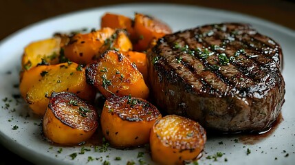 Grilled beef tenderloin steak with glazed butternut squash and fresh herbs on white plate, close up view showing juicy meat texture and caramelized vegetables.