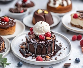 Chocolate lava cake with ice cream and raspberries.