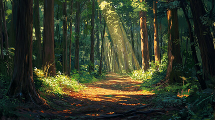 Obraz premium Sunlight streaming through tall trees along a path in a lush green forest illustration style