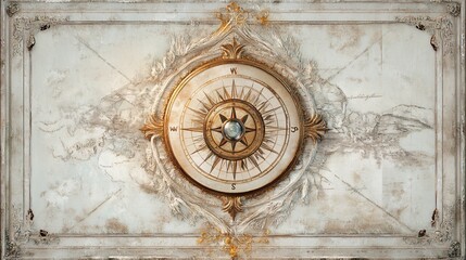 Ornate vintage-style ceiling decoration featuring a compass rose surrounded by antique maps, gold accents, and decorative plasterwork. 