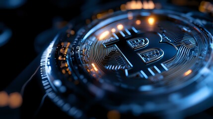 Metallic bitcoin coin with glowing circuit pattern and reflective surface in dark background, dramatic lighting highlights cryptocurrency technology concept.