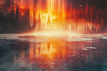 Fiery sunset over a frozen lake, reflected in the icy surface, with a snowy forest backdrop.