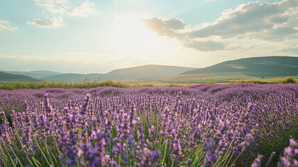 Fototapeta premium A lavender field in bloom under a bright sky with hills in the distance on a sunny day scenery