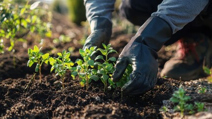 Naklejka premium Planting seedlings young plant in the morning light on nature background