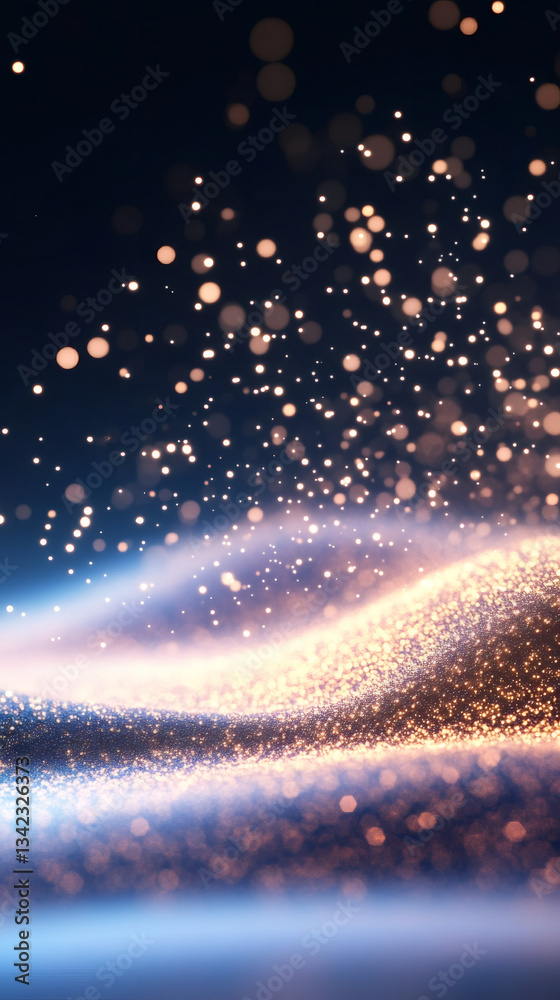 Poster luminous golden particles dancing across rippling surface, generating shimmering magical ambiance