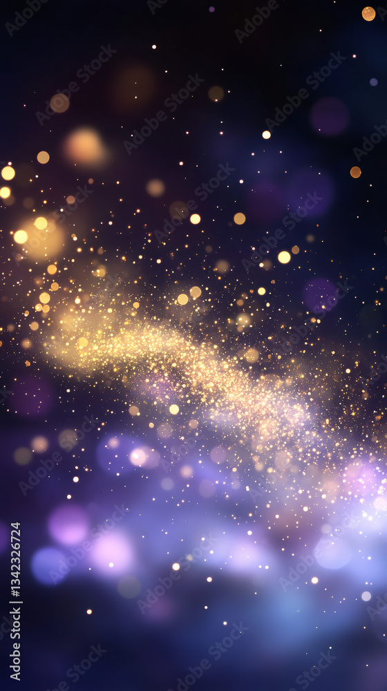 Poster abstract background with golden particles swirling on a magical purple bokeh background, perfect for