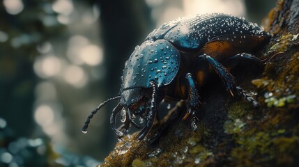 Closeup of a Rain-Drenched Beetle Resting on Moist Bark in a Lush Forest Environment